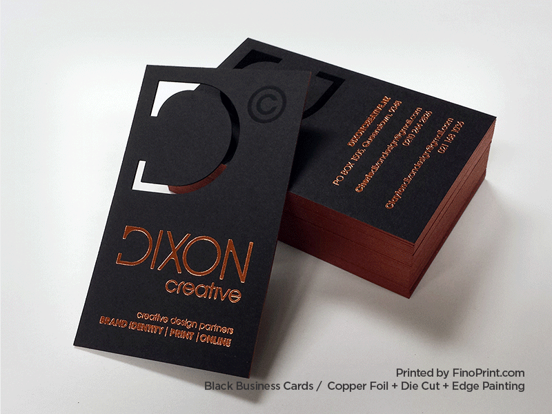 Black Business Card, Copper Foil, Die Cut, Edge Painting