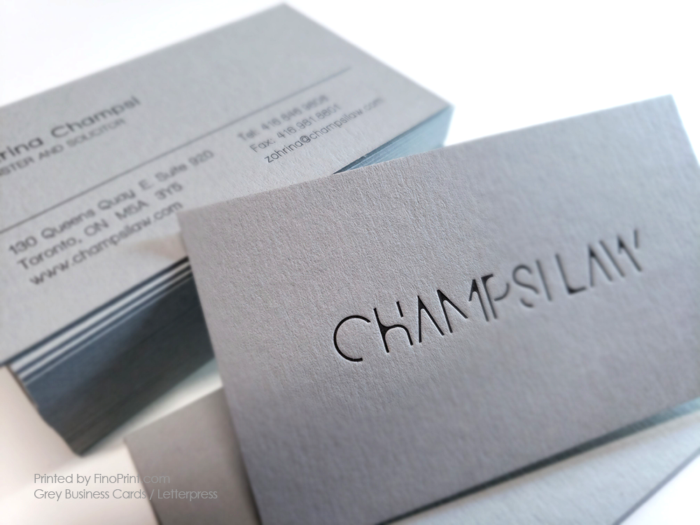 Grey Business Cards, Champsi Law, Letterpress