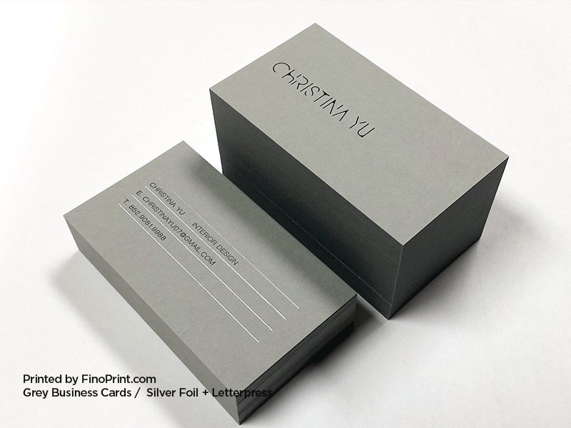 Grey Business Cards, Letterpress Printing, Silver Foil