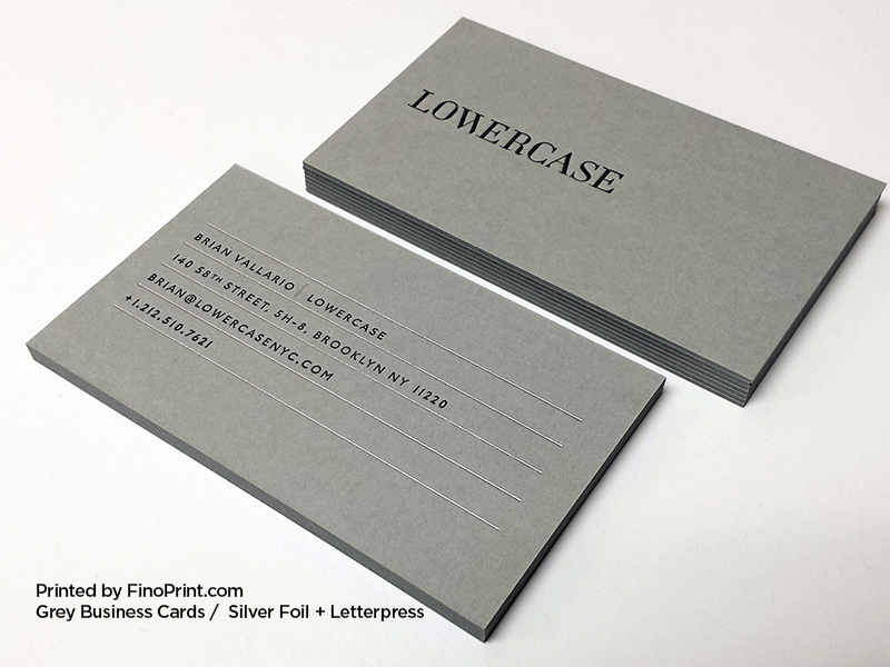 Grey Business Cards, Letterpress Printing, Silver Foil
