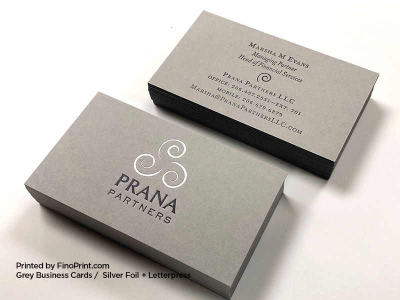 Grey Business Cards, Letterpress Printing, Silver Foil