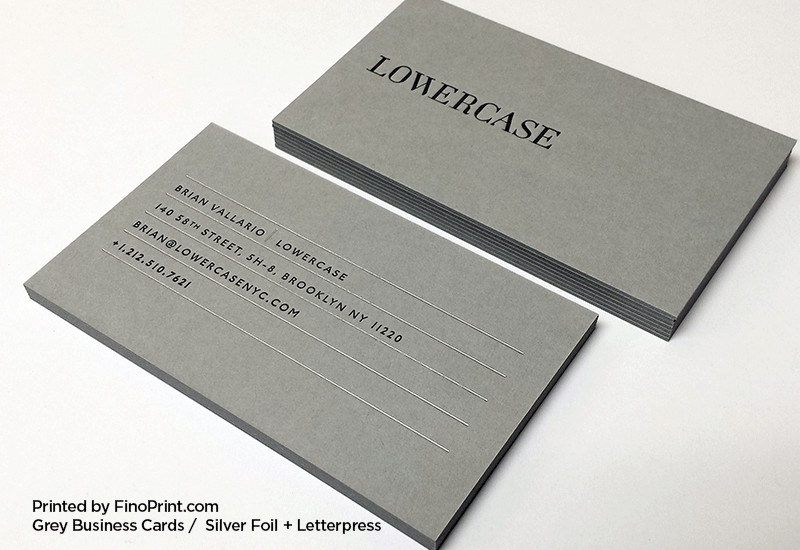Grey Business Cards, Letterpress Printing, Silver Foil
