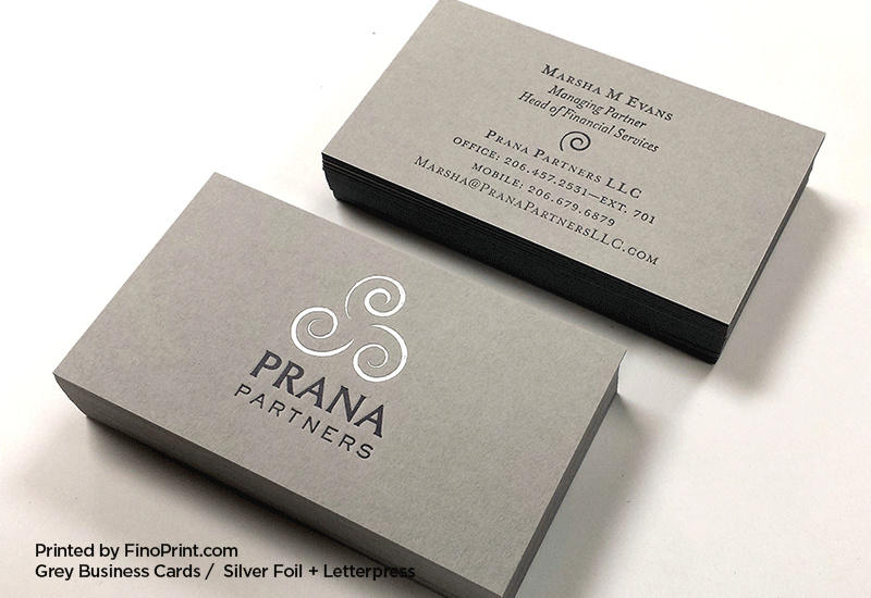 Grey Business Cards, Letterpress Printing, Silver Foil